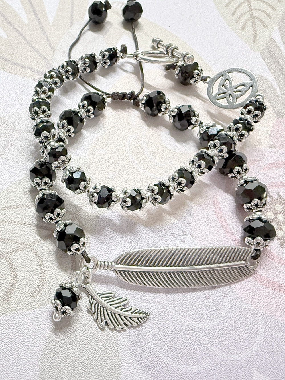 Black Bead Bracelet Set with Silver Feather Charm